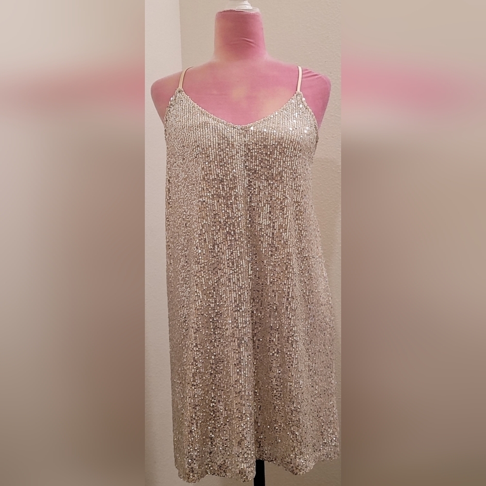 Millibon Silver Sequin Mini Dress Spaghetti Strap V-Neck Sz Large - Picture 3 of 5